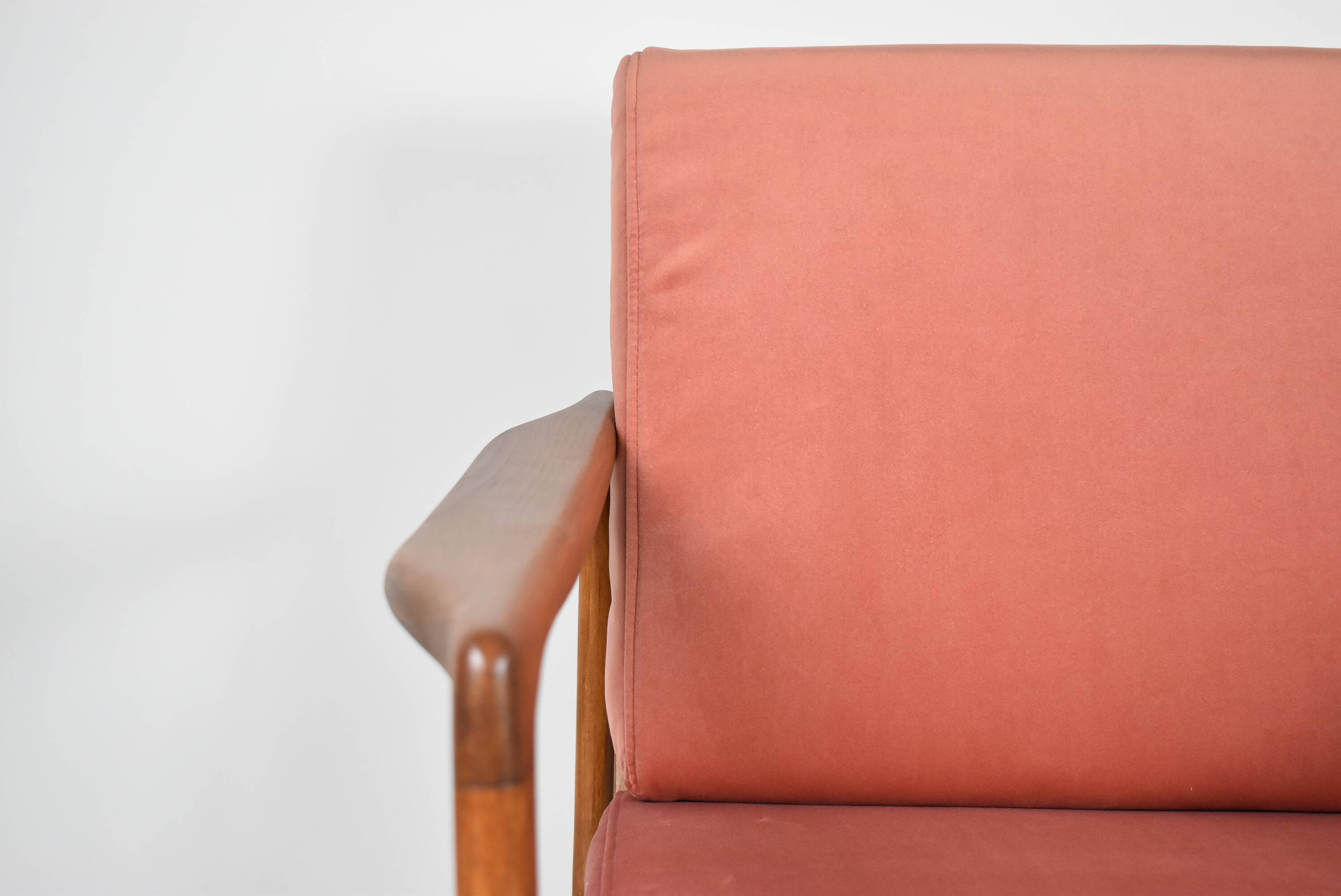 Scandinavian original armchair Baczyk, 1960s, renovation, pink, velvet, teak