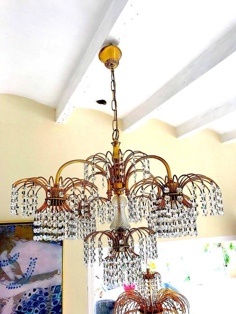 Chandelier crystal of Murano pagoda 1970 gold metal frame