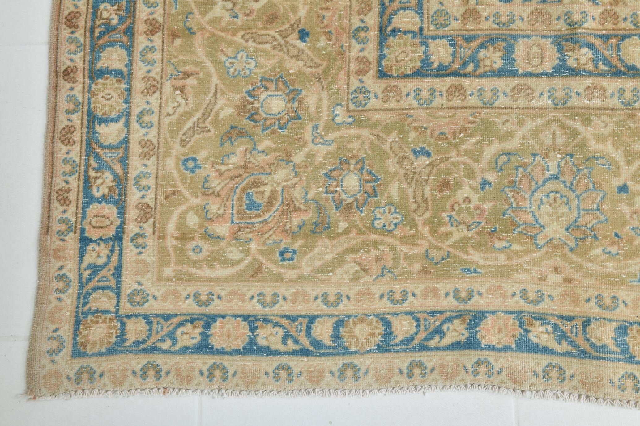 Sky Blue Hand Knotted Antique Vintage Persian Tabriz Rug, 293x407 Cm