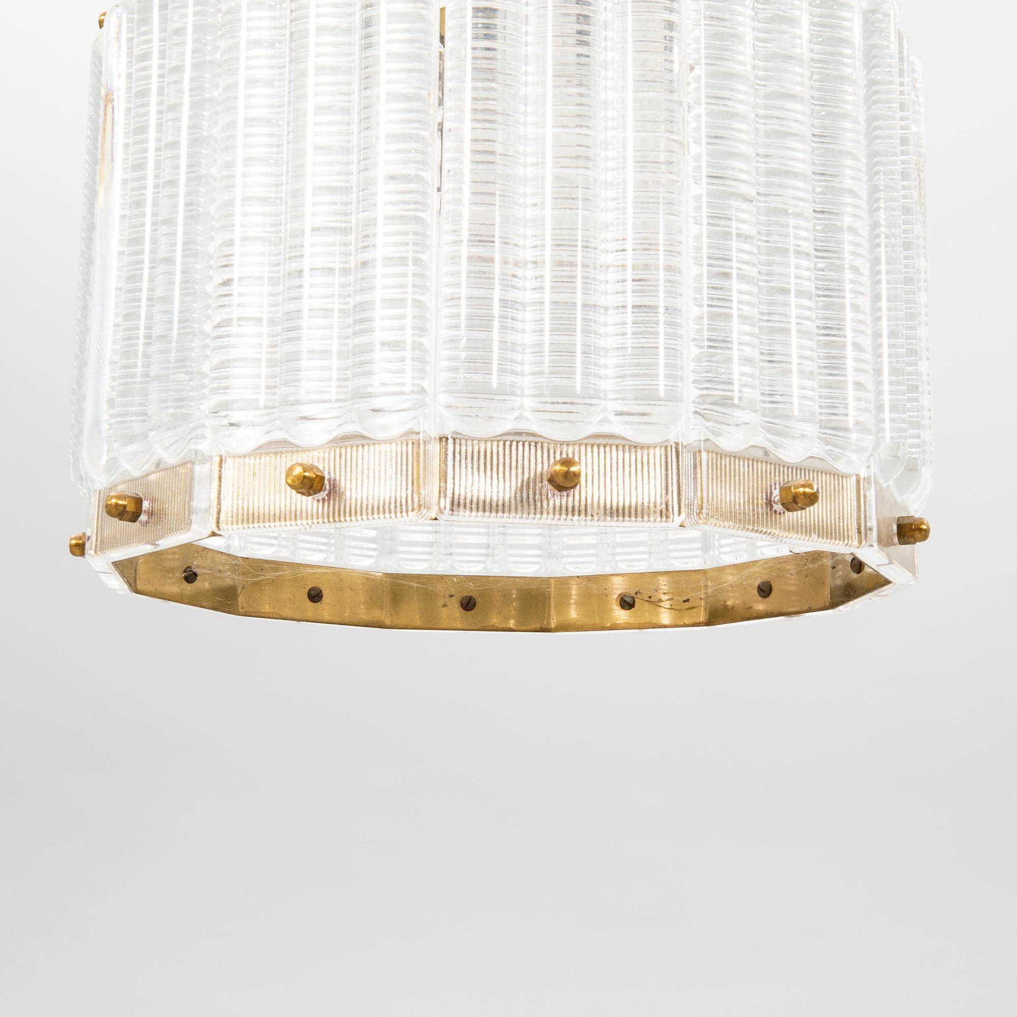 Orrefors ceiling light in brass and glass, Sweden 1960