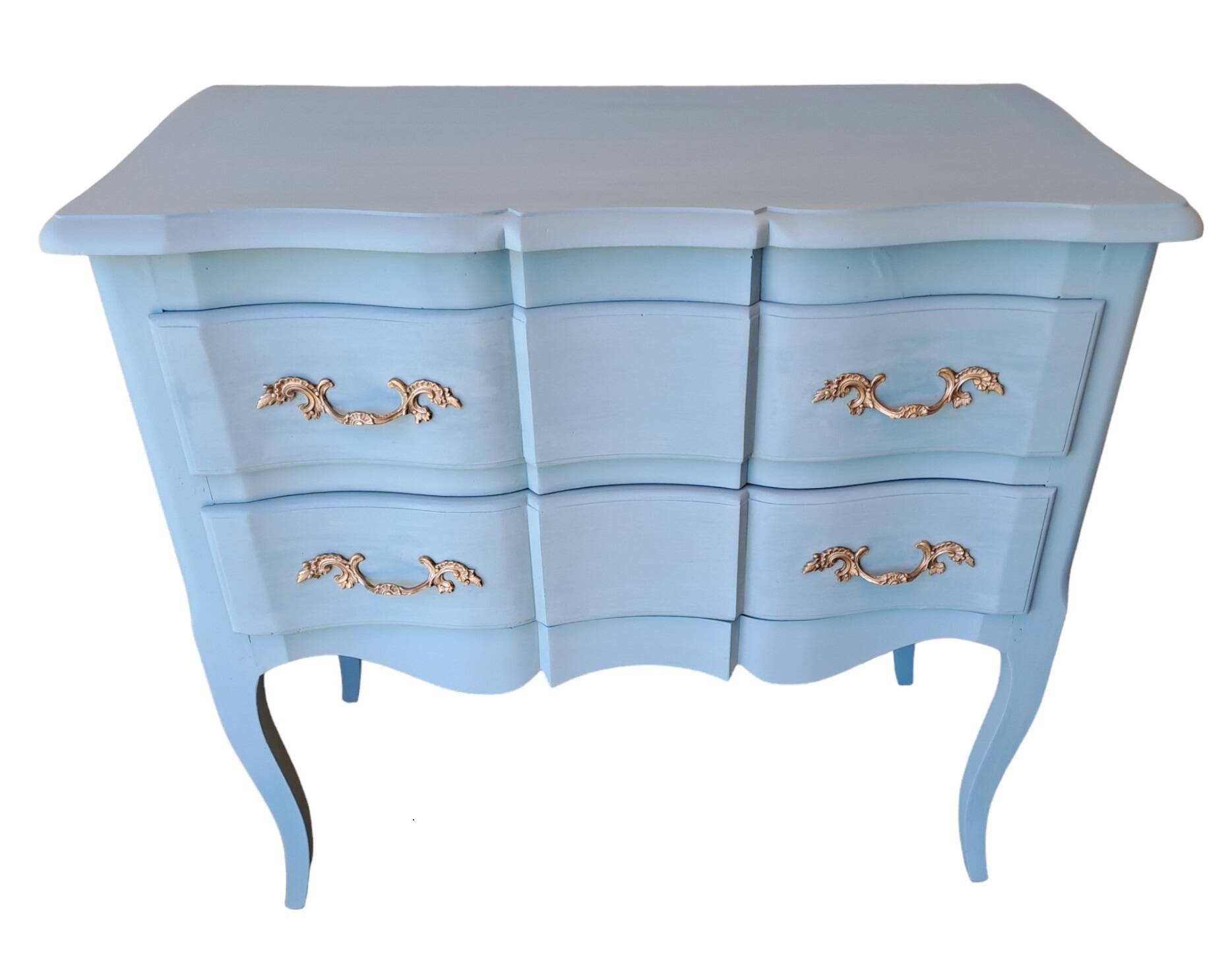 Louis XV style solid wood chest of drawers repainted in lagoon blue with 2 drawers