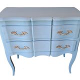 Commode en bois massif repeint bleu lagune style Louis XV à 2 tiroirs