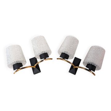 Pair of modernist double wall lights in glass by Maison Arlus, France 1960.