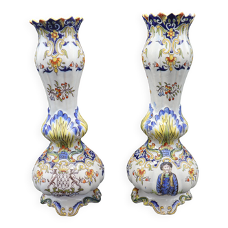 Paire de vase peints à la main "Rouen" Faïence 1910