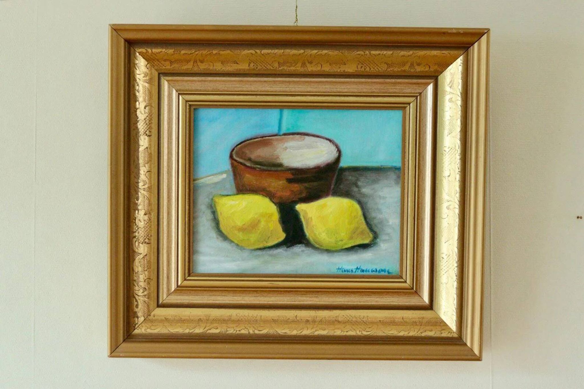 Nature morte européenne originale à l'huile sur panneau de Hans Haussdal