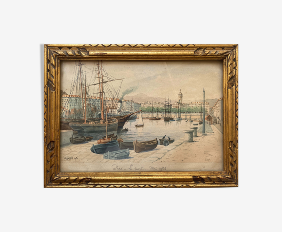 Tableau Aquarelle "Vieux Port de Nice" en 1921 signé Chamard + cadre