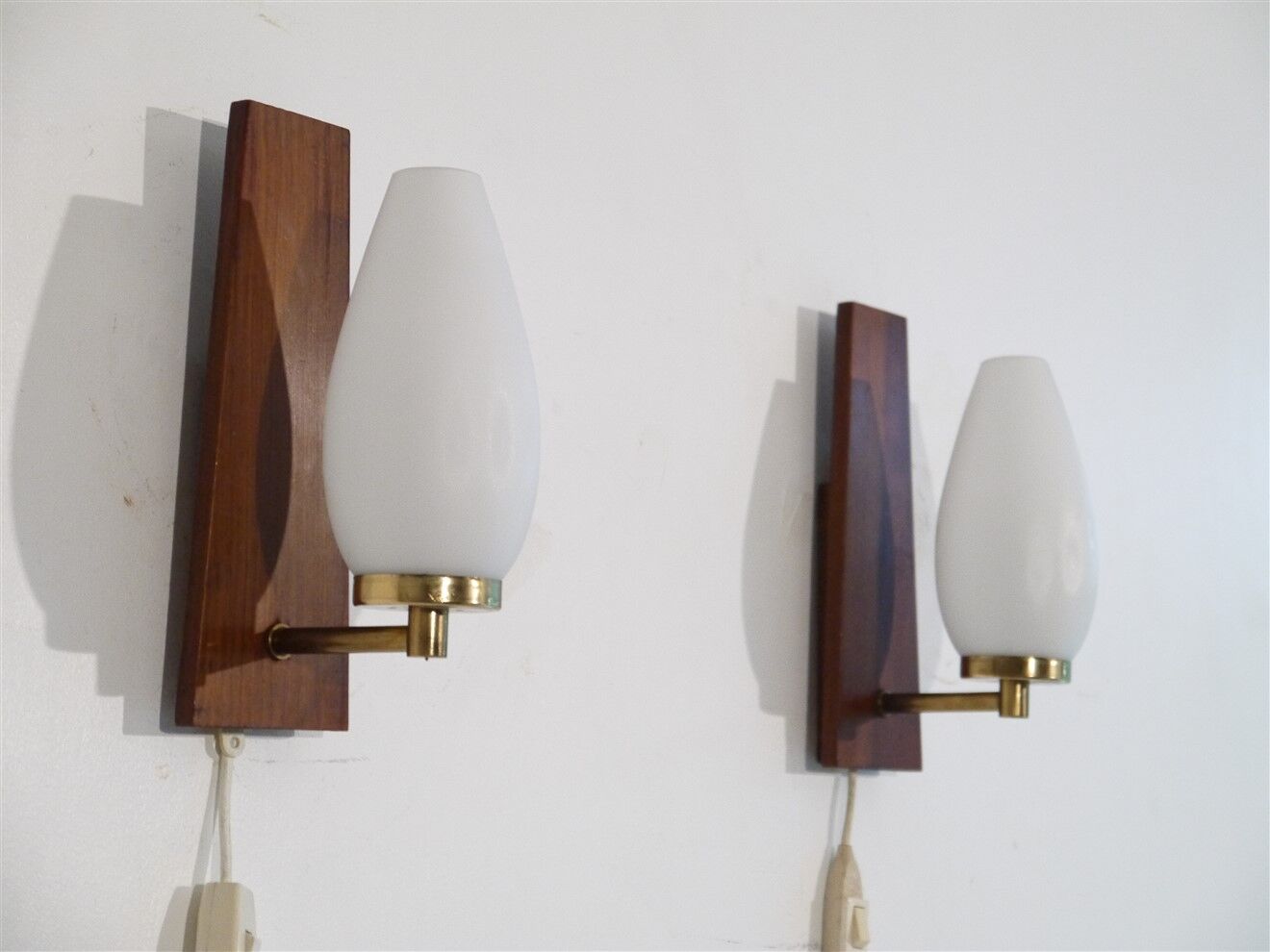 Pair of Scandinavian teak and opaline sconces 1960