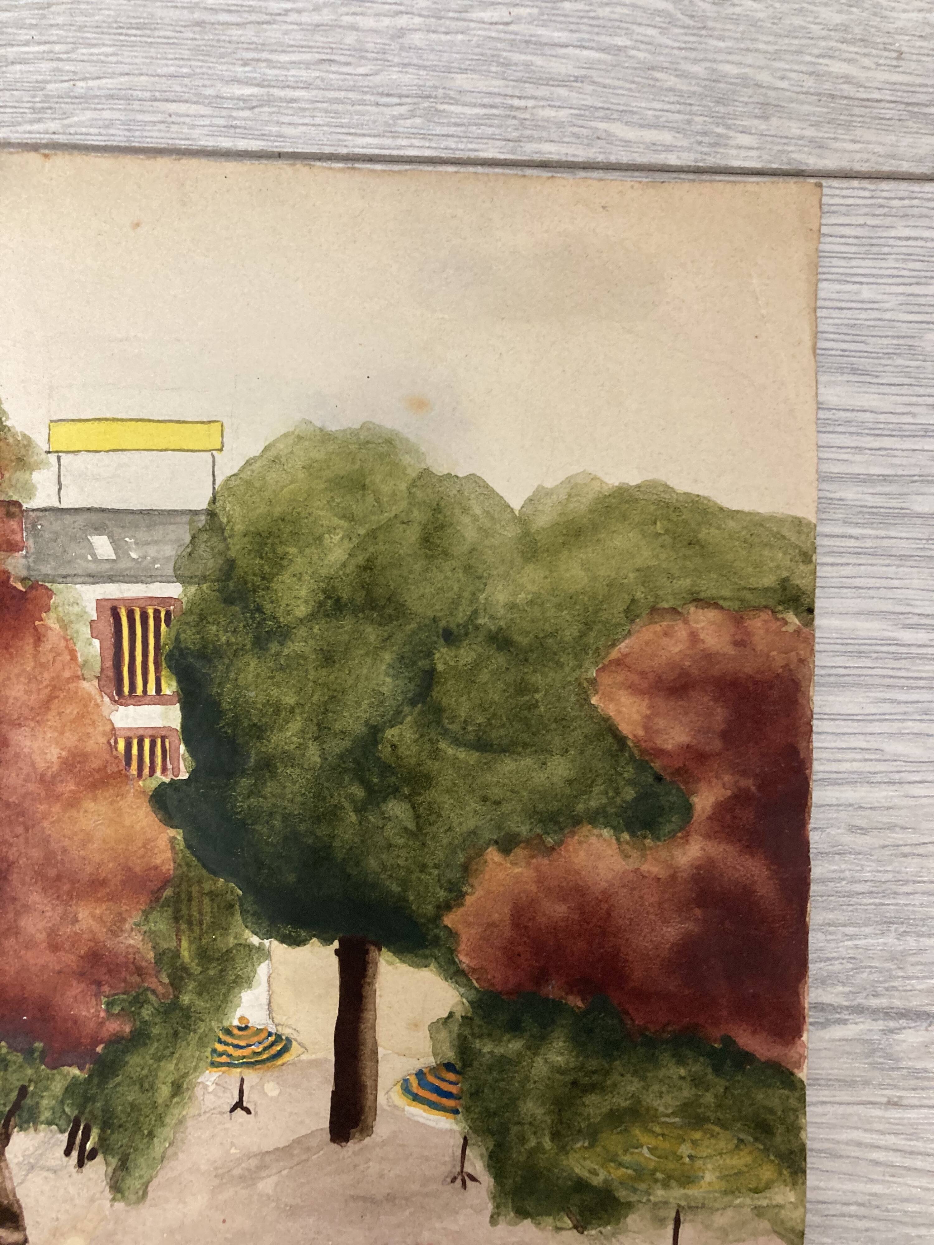 Watercolor landscape with parasols