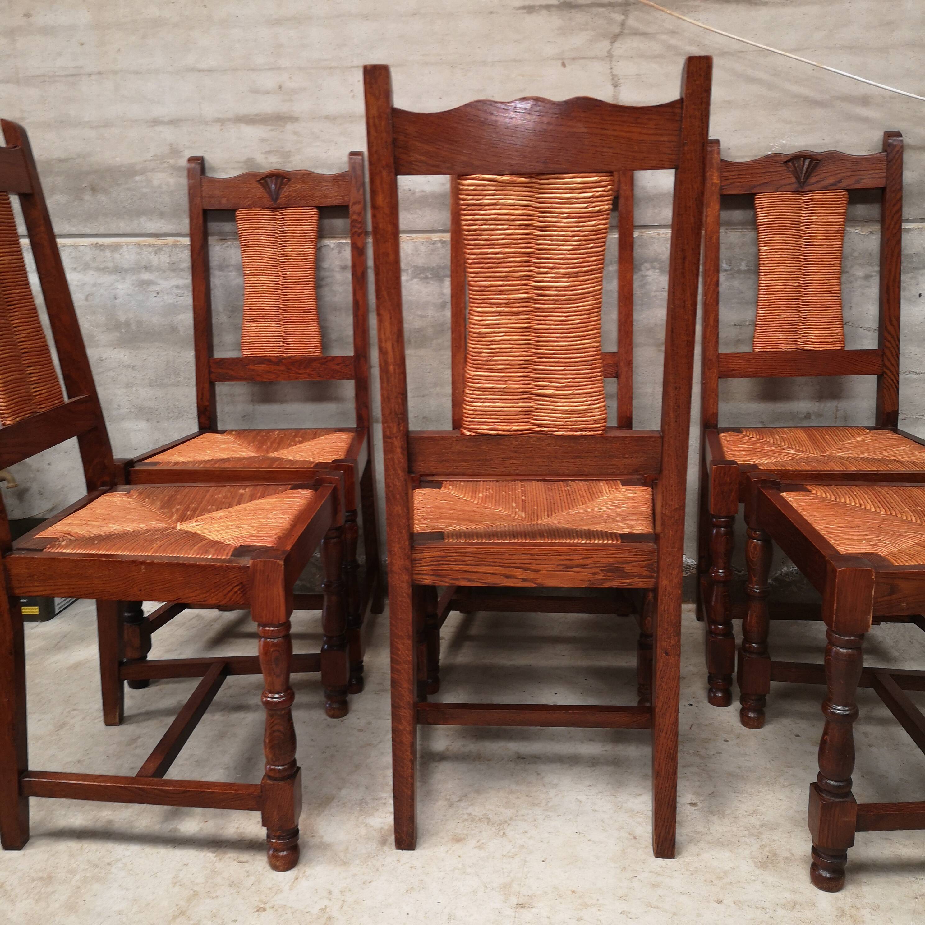 Set of 6 Brutalist Dudouyt / Courtray chairs in oak and straw 1940
