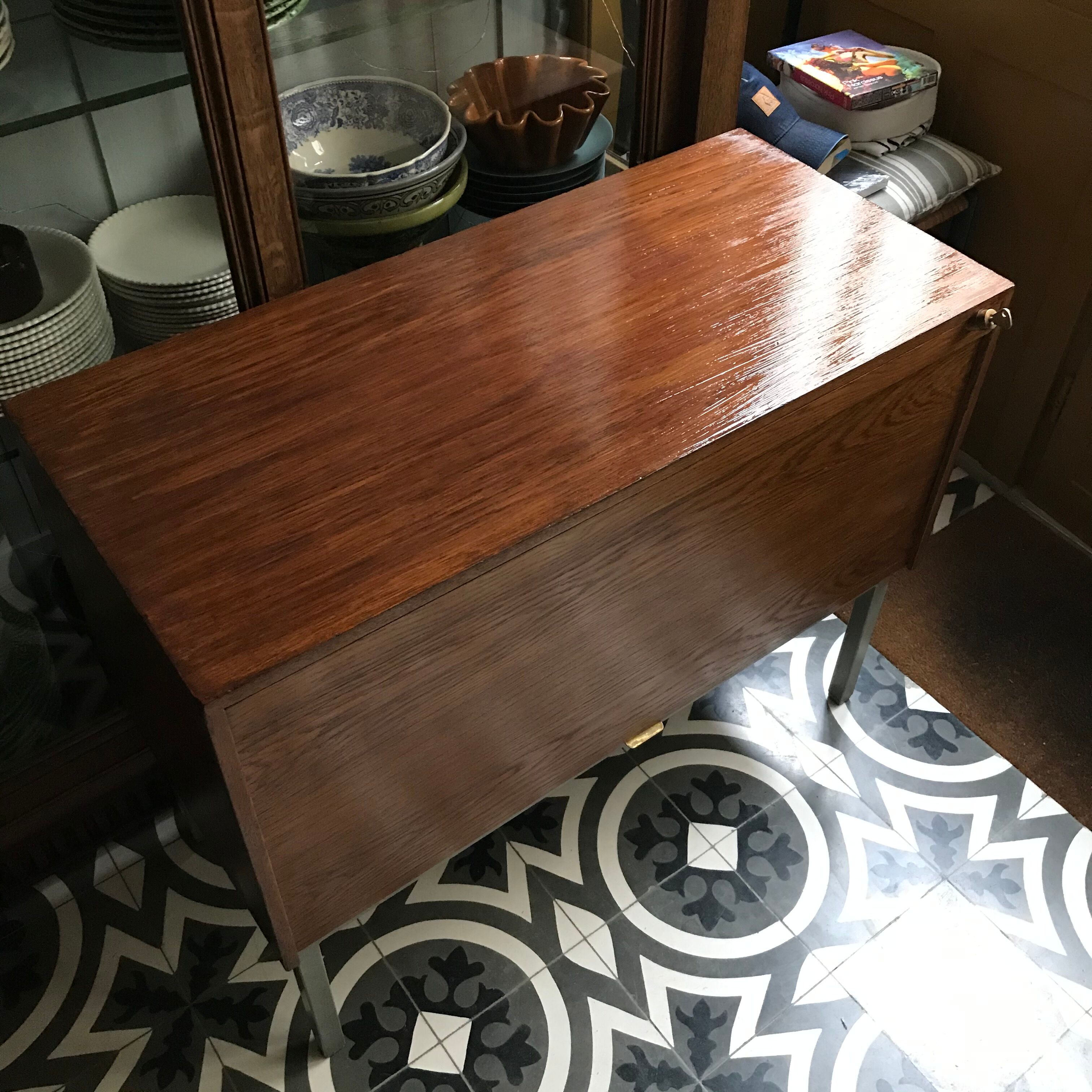 Vintage Scandinavian wood roller cabinet brand Facit