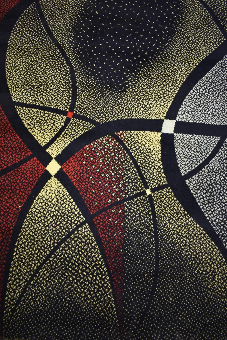 Vintage area rug, mid century, 1960s, abstract psychedelic design, wool rug, low pile rug