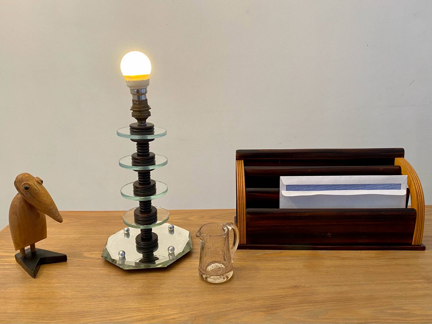 Art deco mirror glass & wood lamp base modernist design