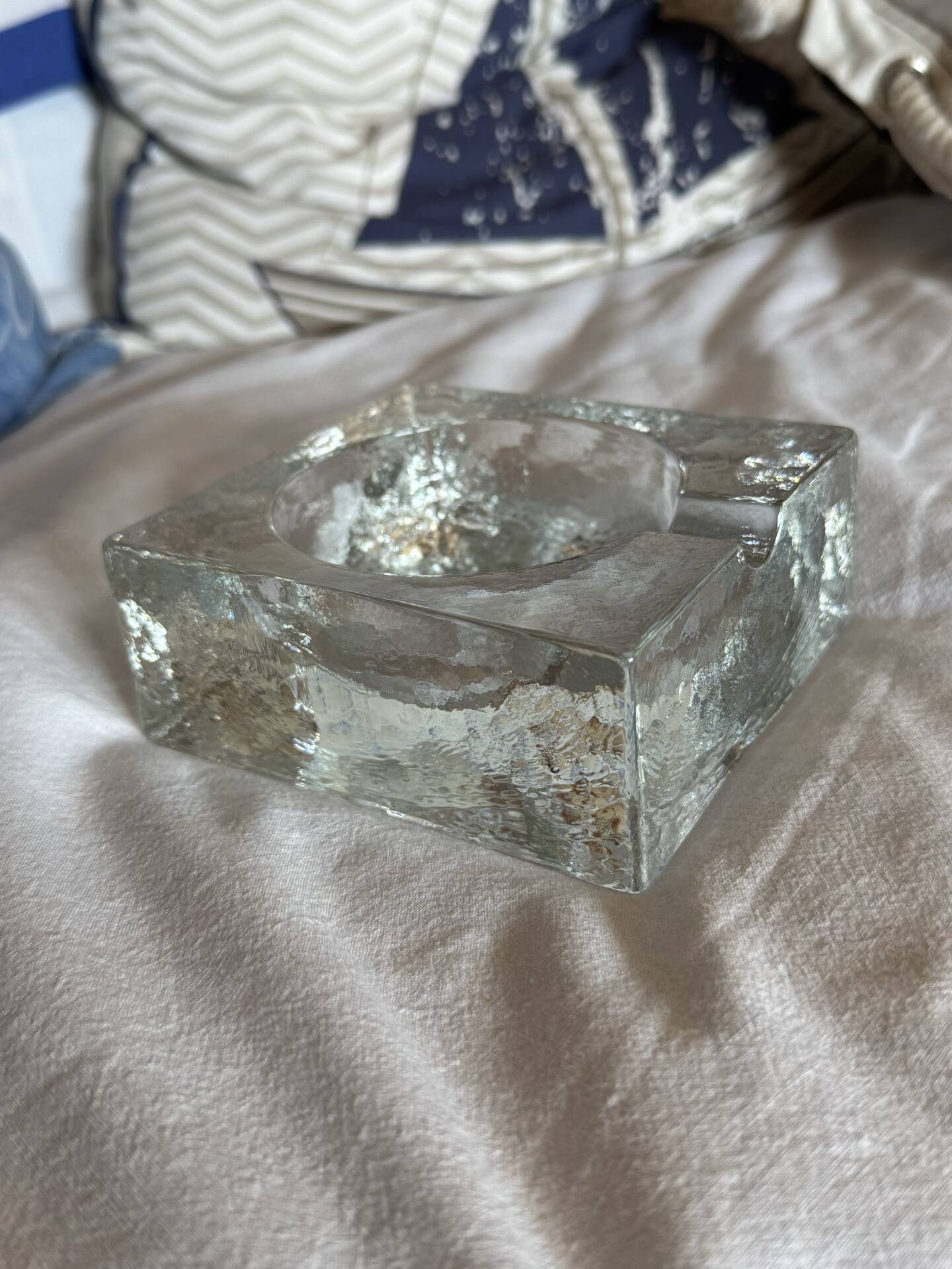 Scandinavian brutalist glass ashtray, minimalist design, 70s