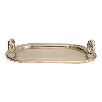 Oval silver metal tray with two handles sign head