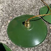 Vintage trio suspension lampshade in green and white enamelled metal.