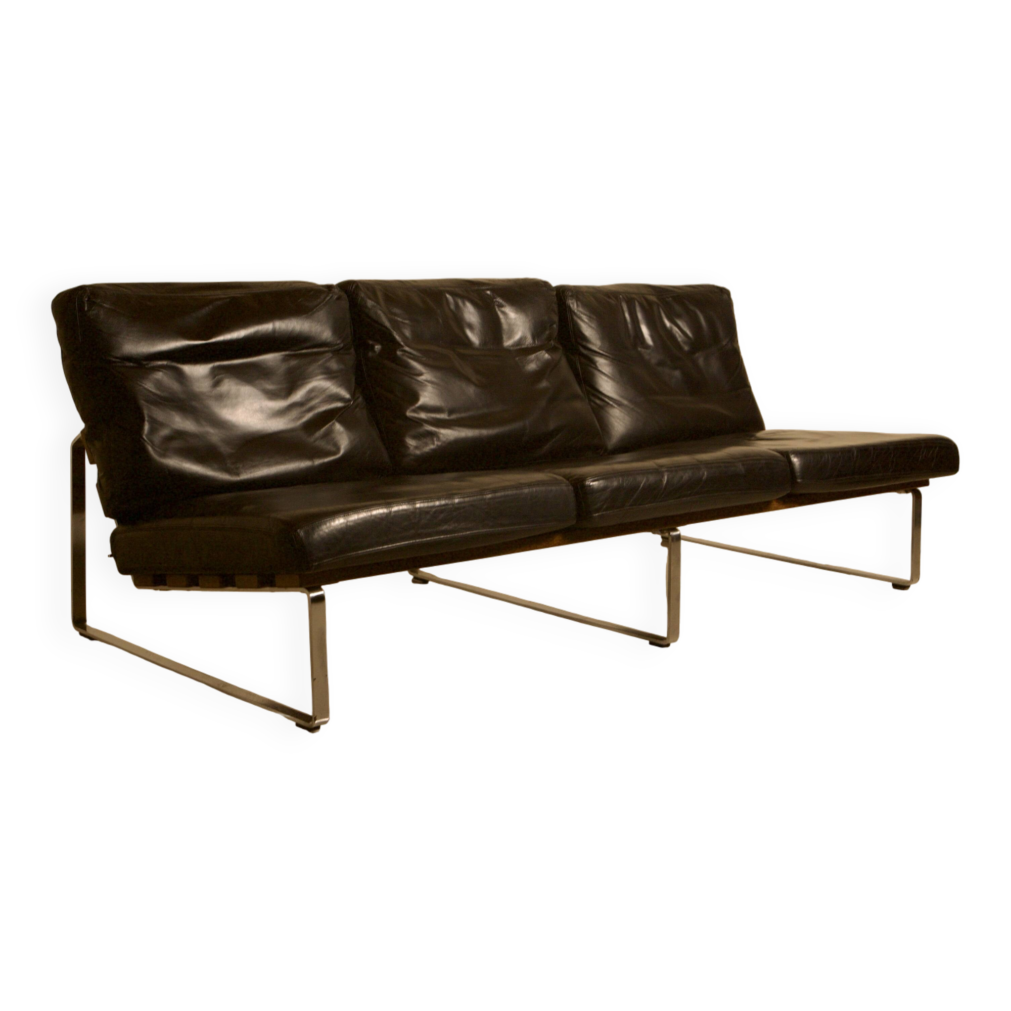 Unique Dutch bench in black leather with a steel and wenge structure from the 60s.
