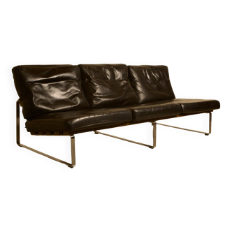 Unique Dutch bench in black leather with a steel and wenge structure from the 60s.