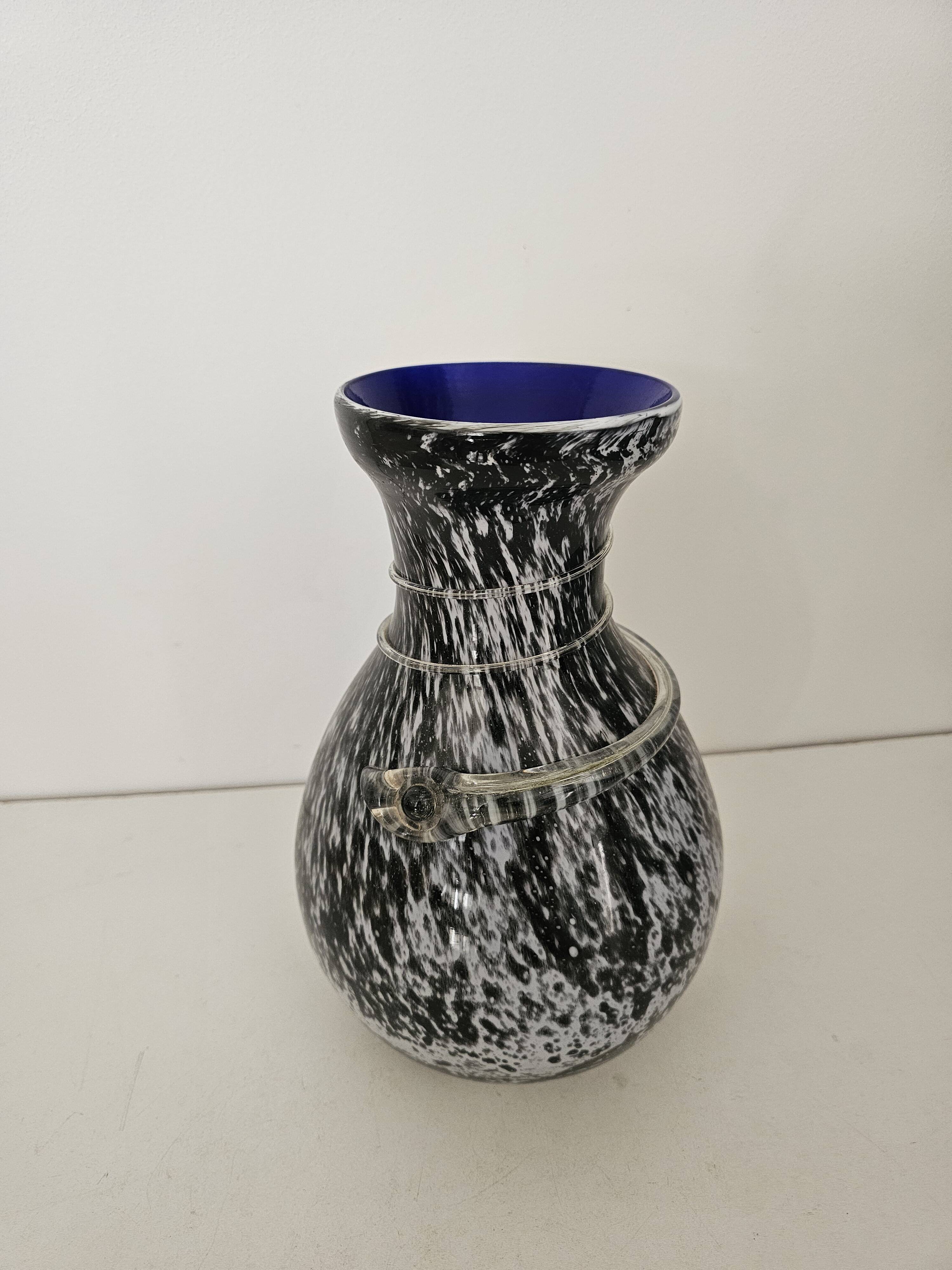 Blown glass vase with black snake decoration with white speckles
