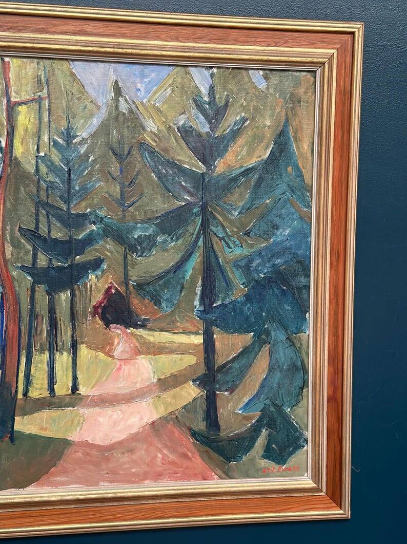 Large Original Swedish Oil on Canvas – 'Forest Road' by Leif Ewens – Signed – Vintage & Framed
