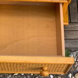Chest of drawers and bedside table in rattan cane and oak, vintage 1970s