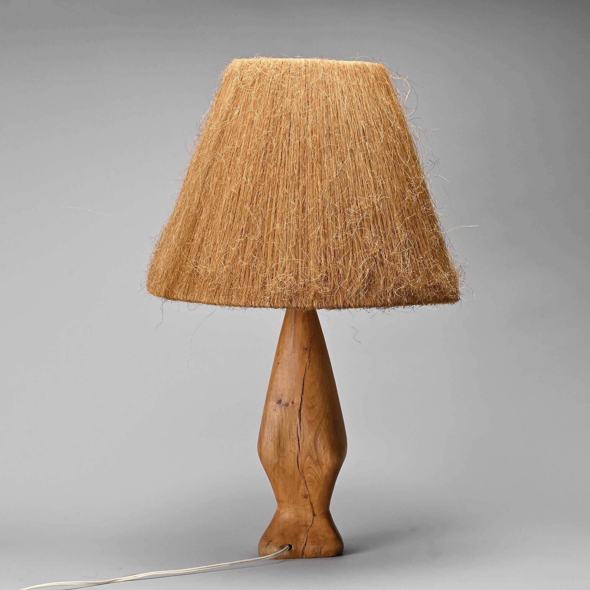 Turned wooden lamp and natural fibre, France, circa 1960