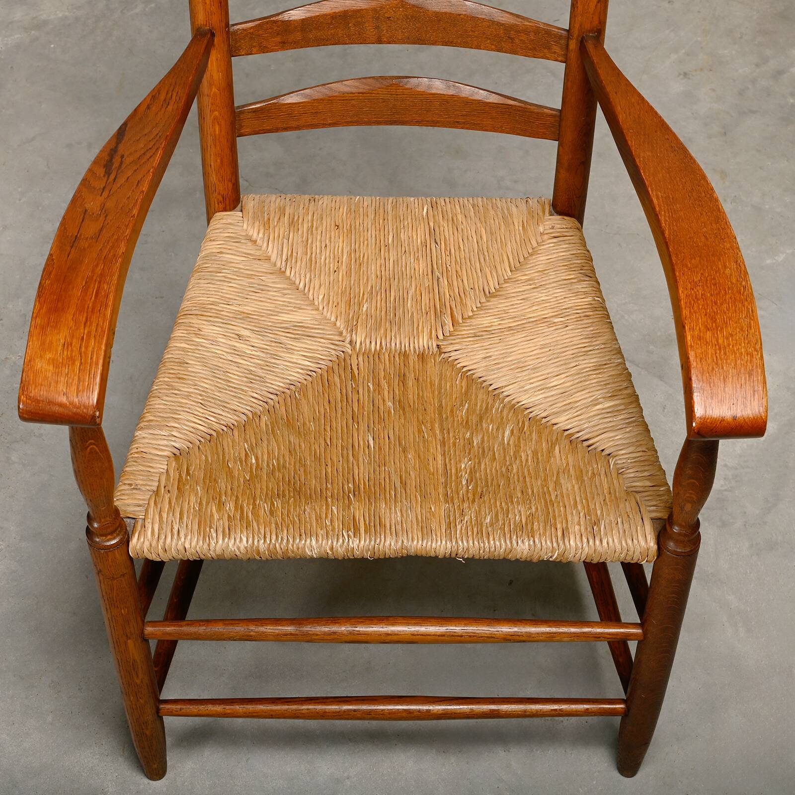 Rustic Armchair and Stool in stained oak and rush, France 1950s