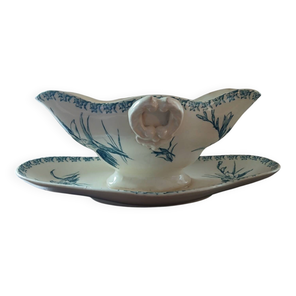 Saucière ancienne Gien porcelaine opaque décor glaïeul