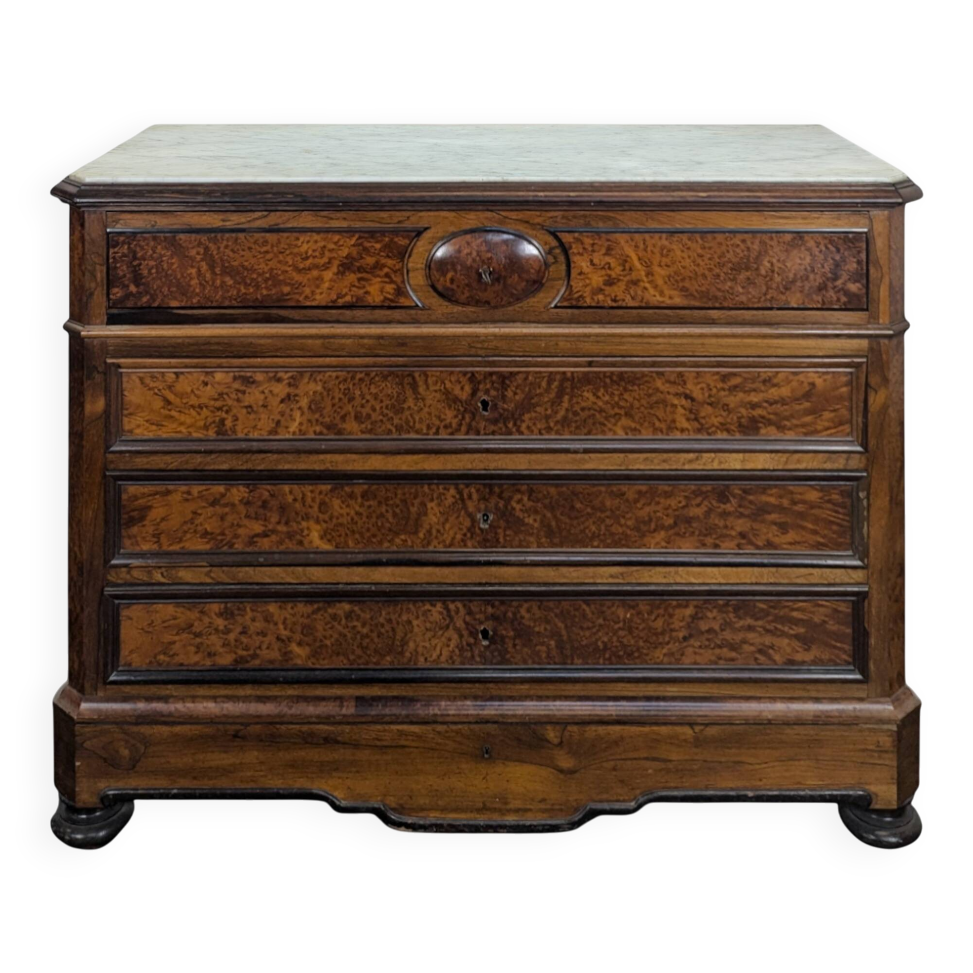 Elm burl and rosewood secretary chest of drawers