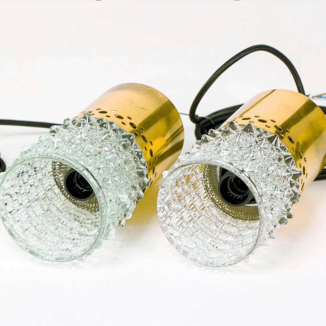 Pair of brass and bubble glass pendant lights by veb narva, 1970s