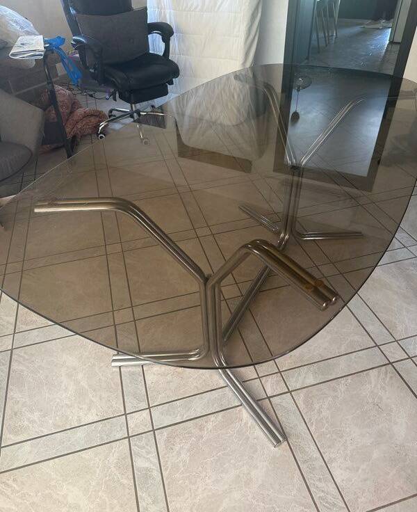 Large 70s dining table – chrome base and glass top