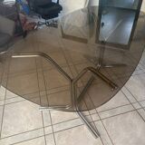 Large 70s dining table – chrome base and glass top