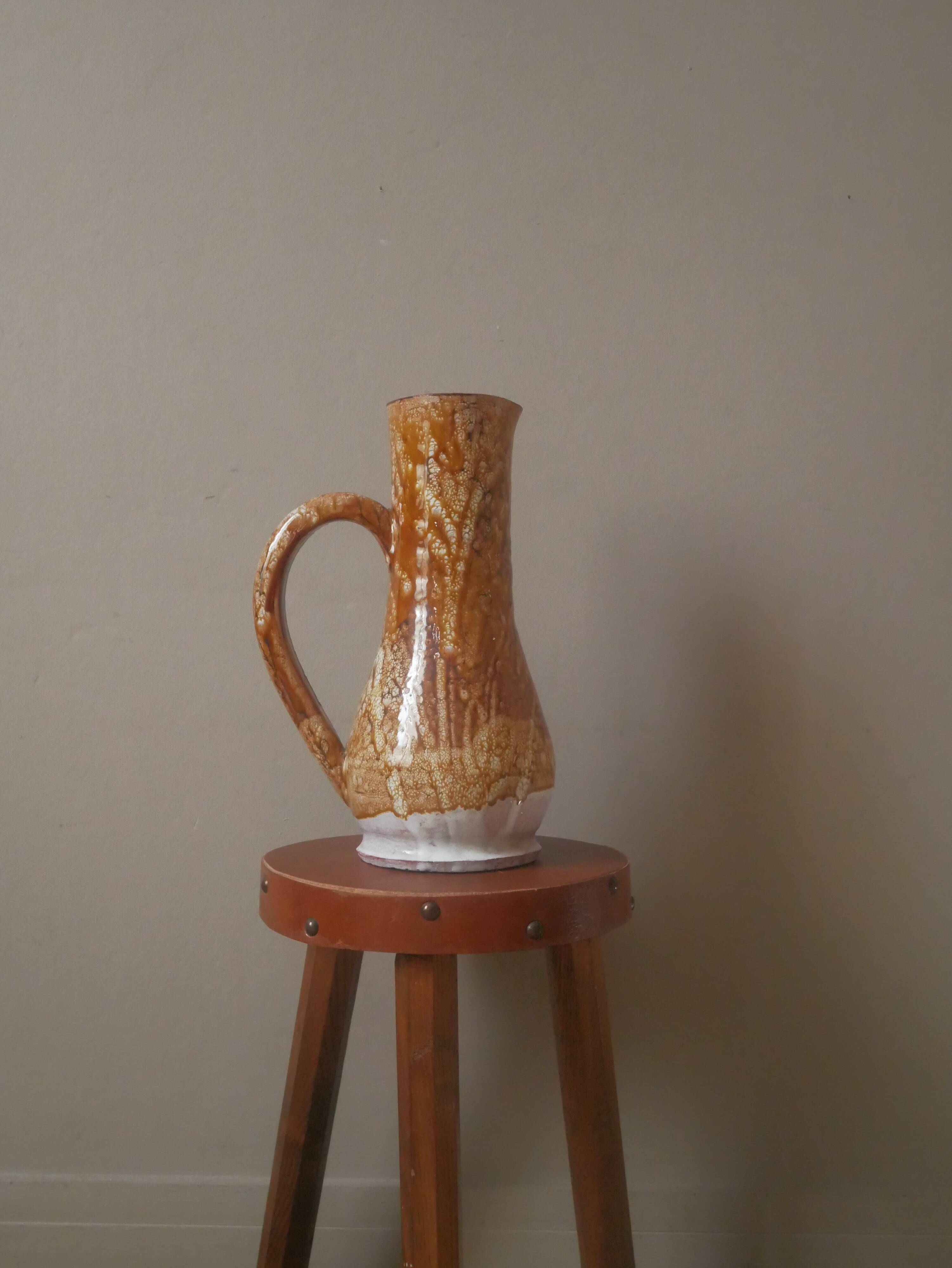 Vase with vintage ceramic handle, handcrafted, old pitcher, country decoration