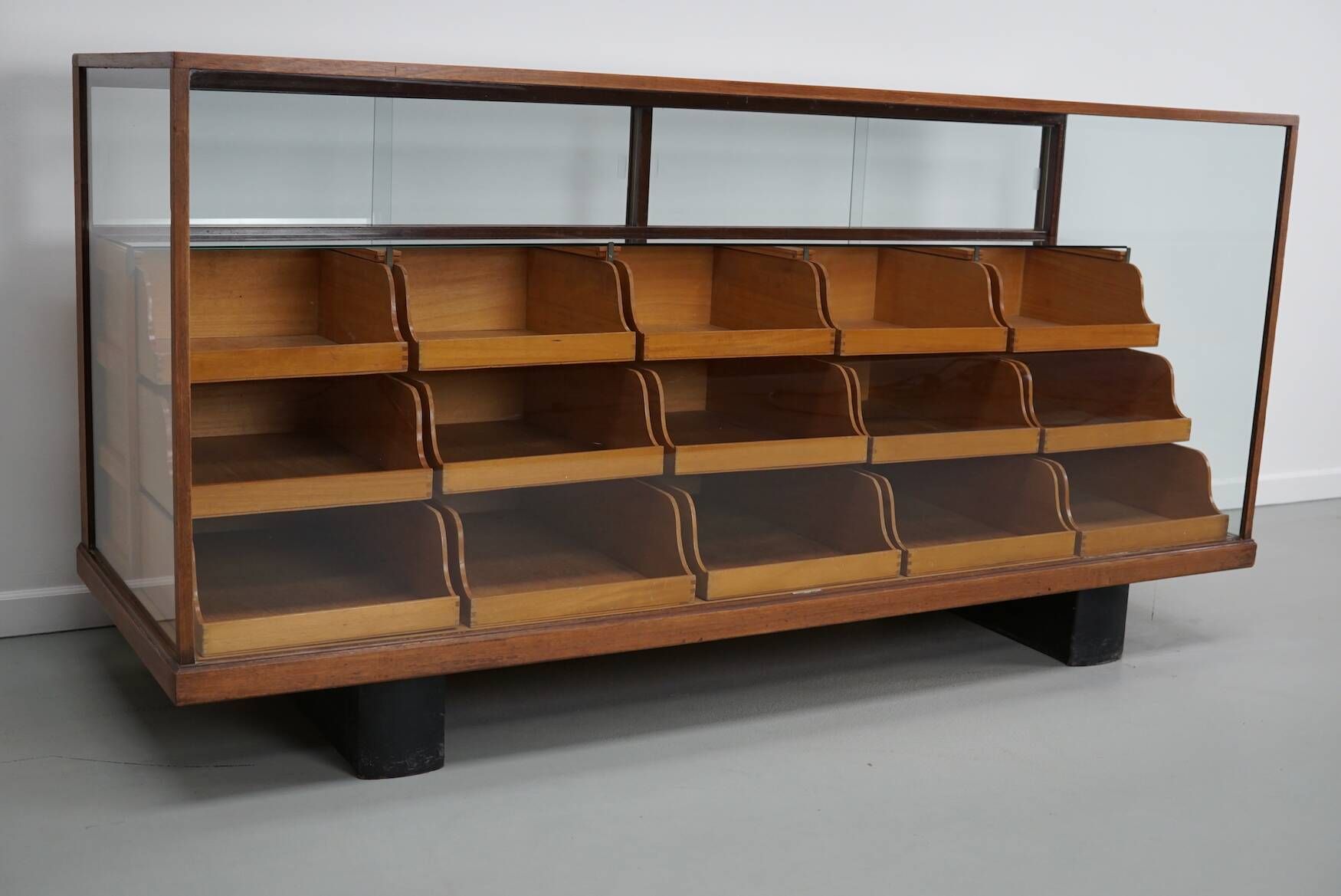 Antique British maple & hardwood haberdashery cabinet or shop counter, 1930s