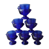 6 blue glass coquetiers, hen shape, France, 70s