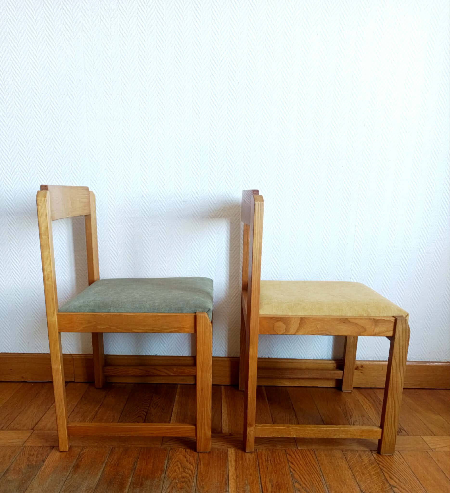 Six Scandinavian style chairs in elm and fabric.