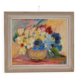 Original Swedish mid-century oil painting on panel "Flowers"