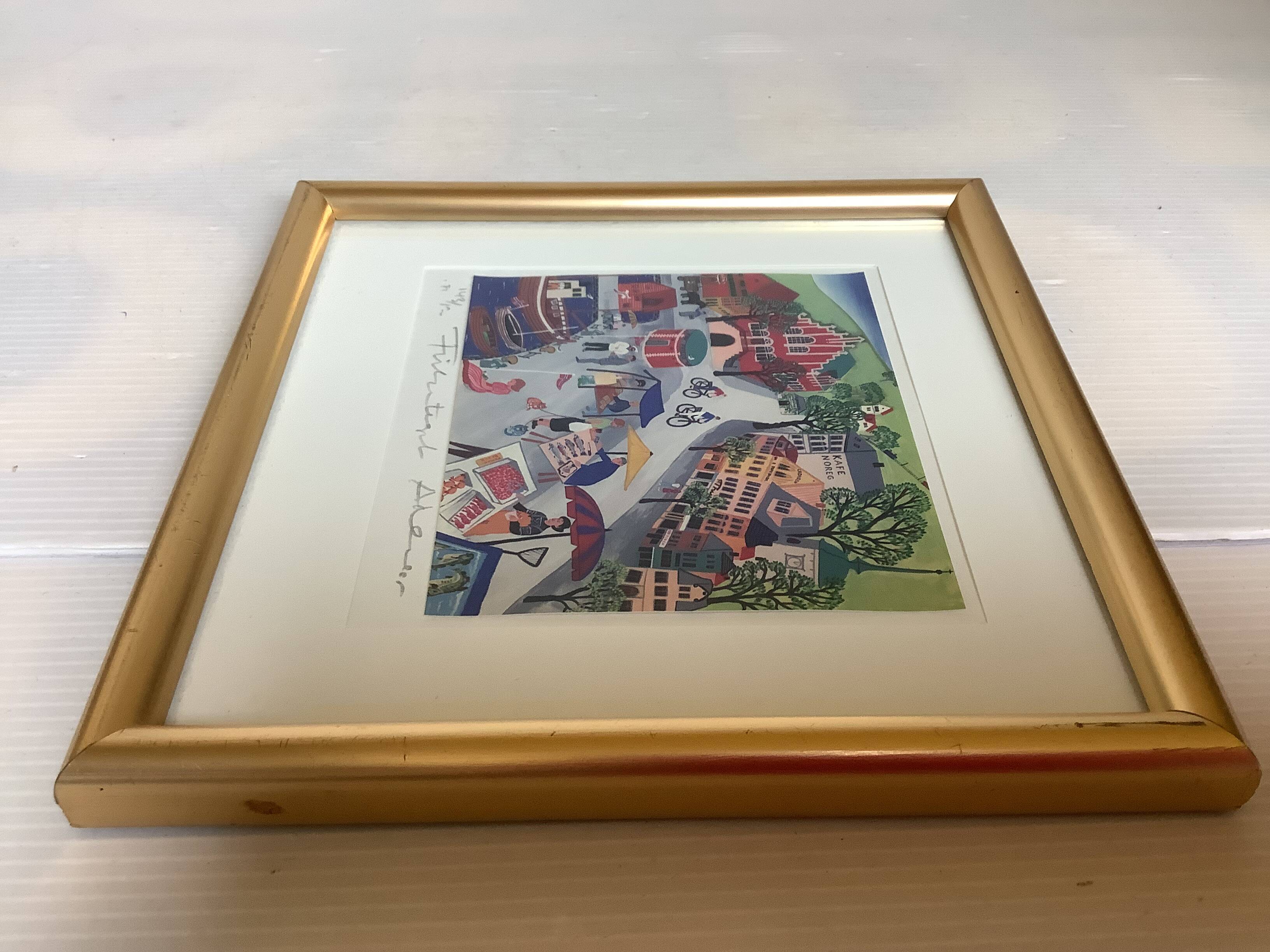 Lithograph illustration by Arvid Norendal of the market in Bergen.