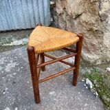 Pair tripod stool vintage design wood and straw