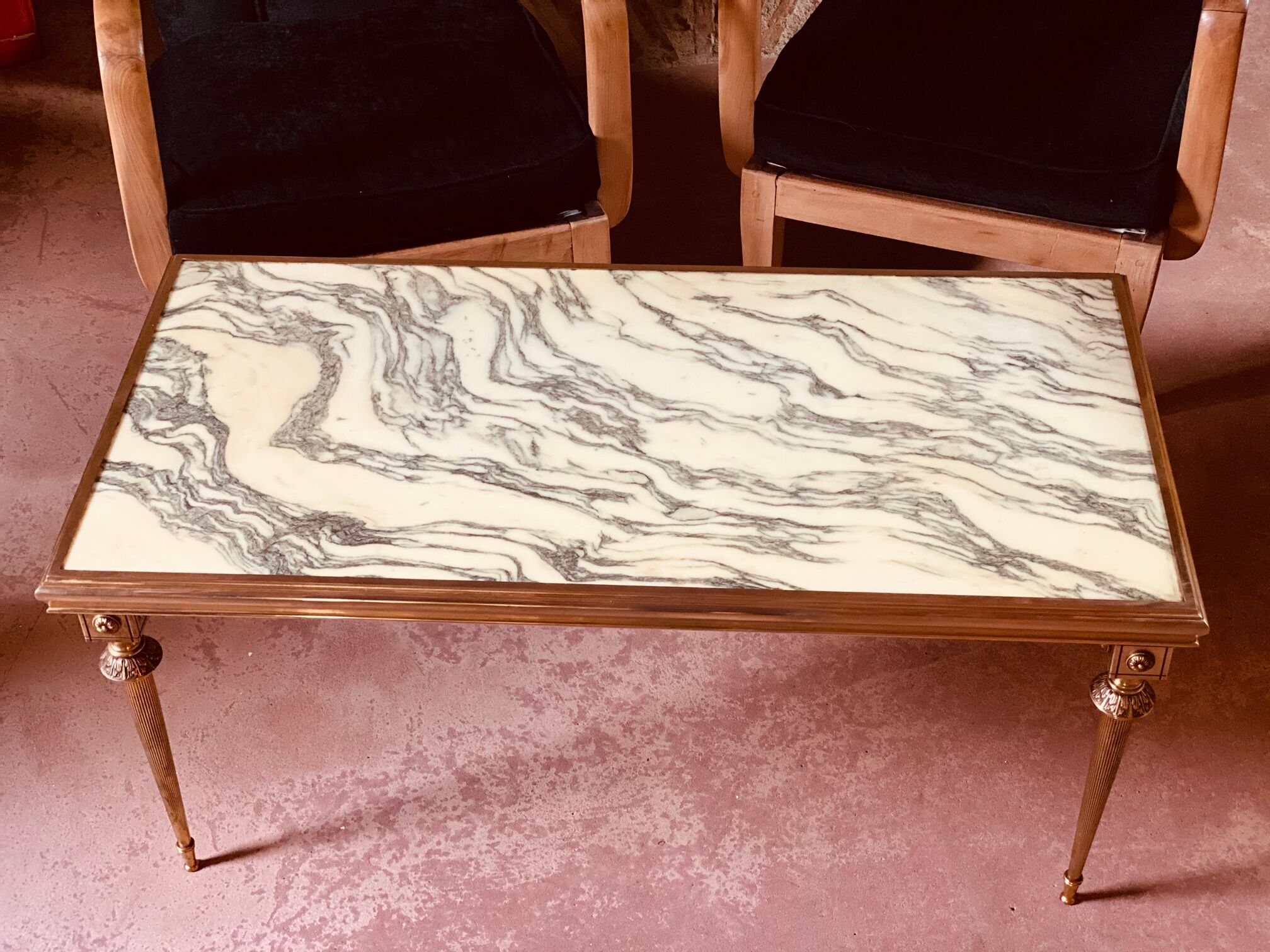 A mid-century marble top and brass frame coffee and cocktail table, circa 1960s