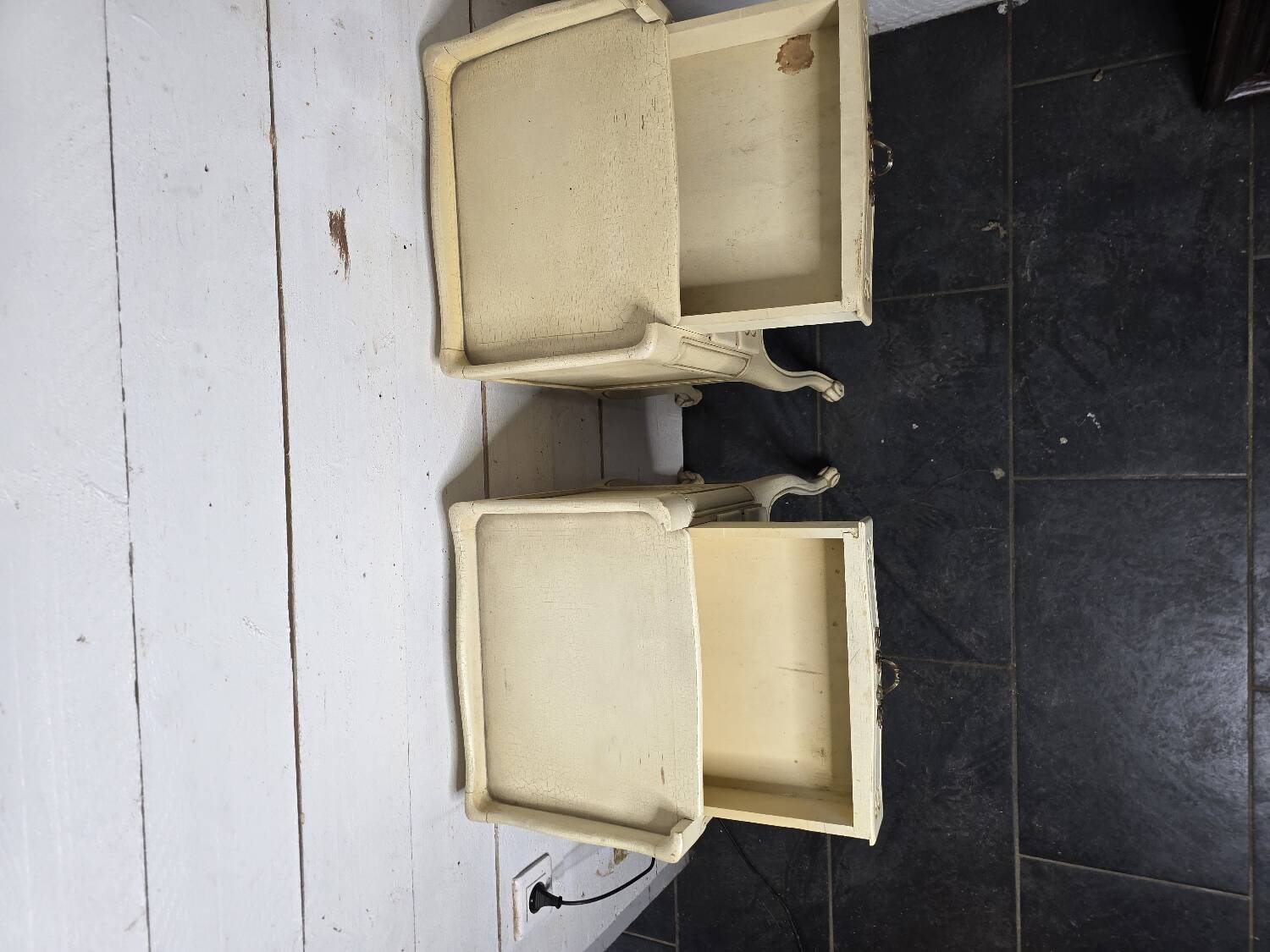 Pair of Louis XV style bedside tables with patina
