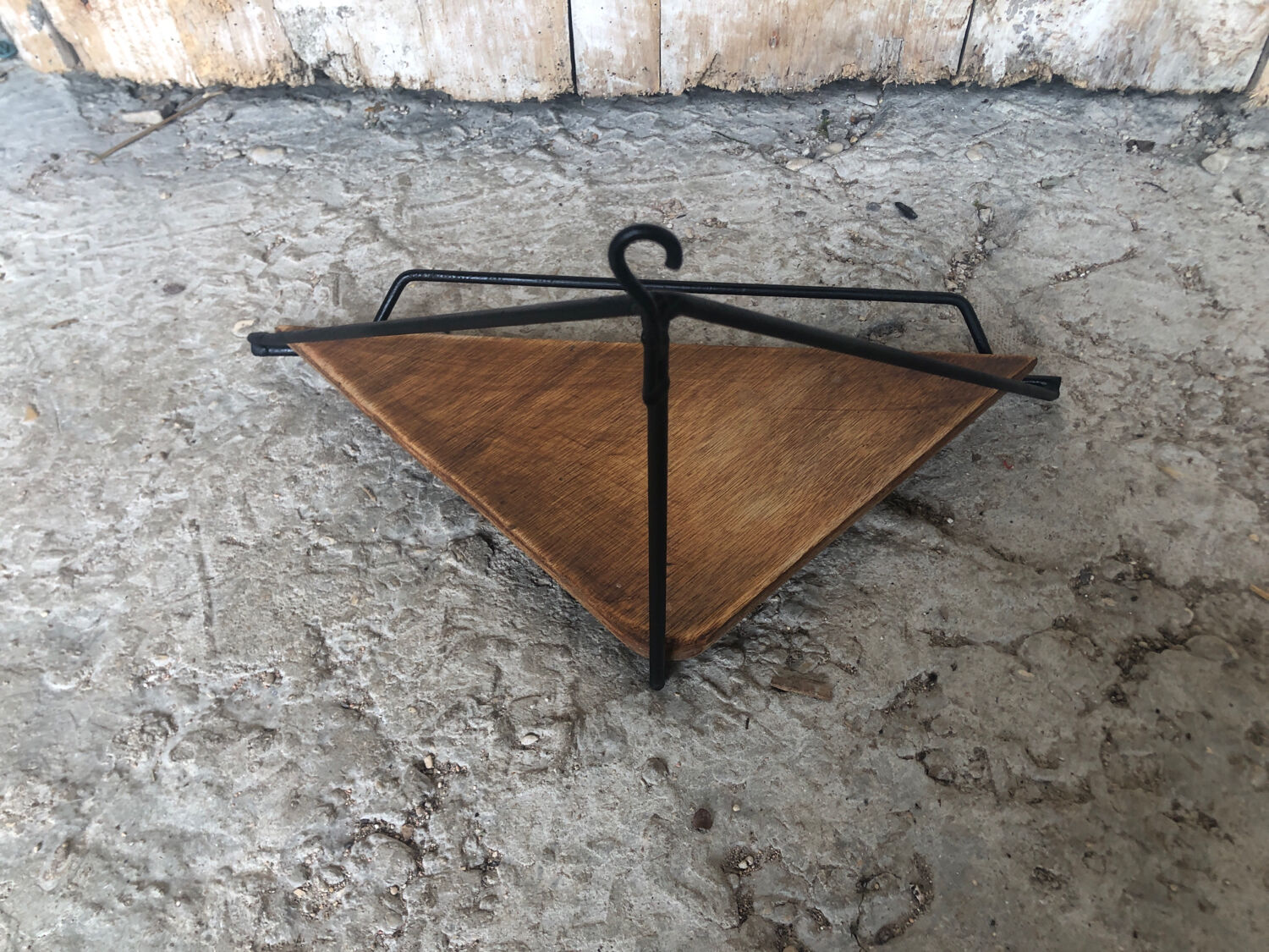 Black wrought iron corner shelf + vintage wooden top