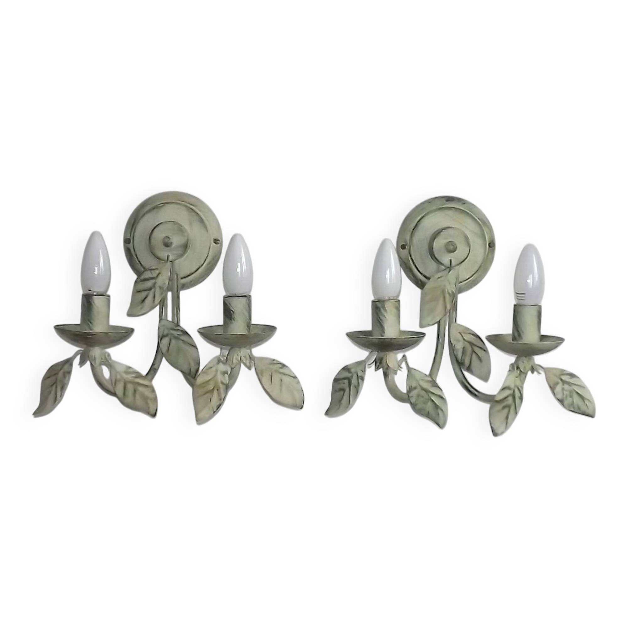 Pair of Vintage Italian Double Wall Lights Leaf Detail Green & Gold Finish