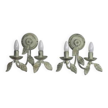 Pair of vintage Italian wall sconces with double wall and leaf detail in green and gold finish.