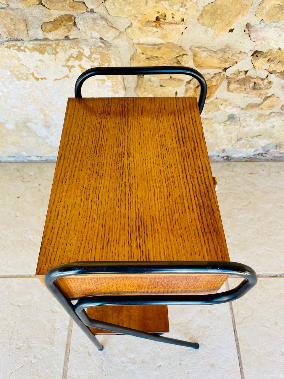 Vintage oak bedside table with black metal legs circa 50s/60s