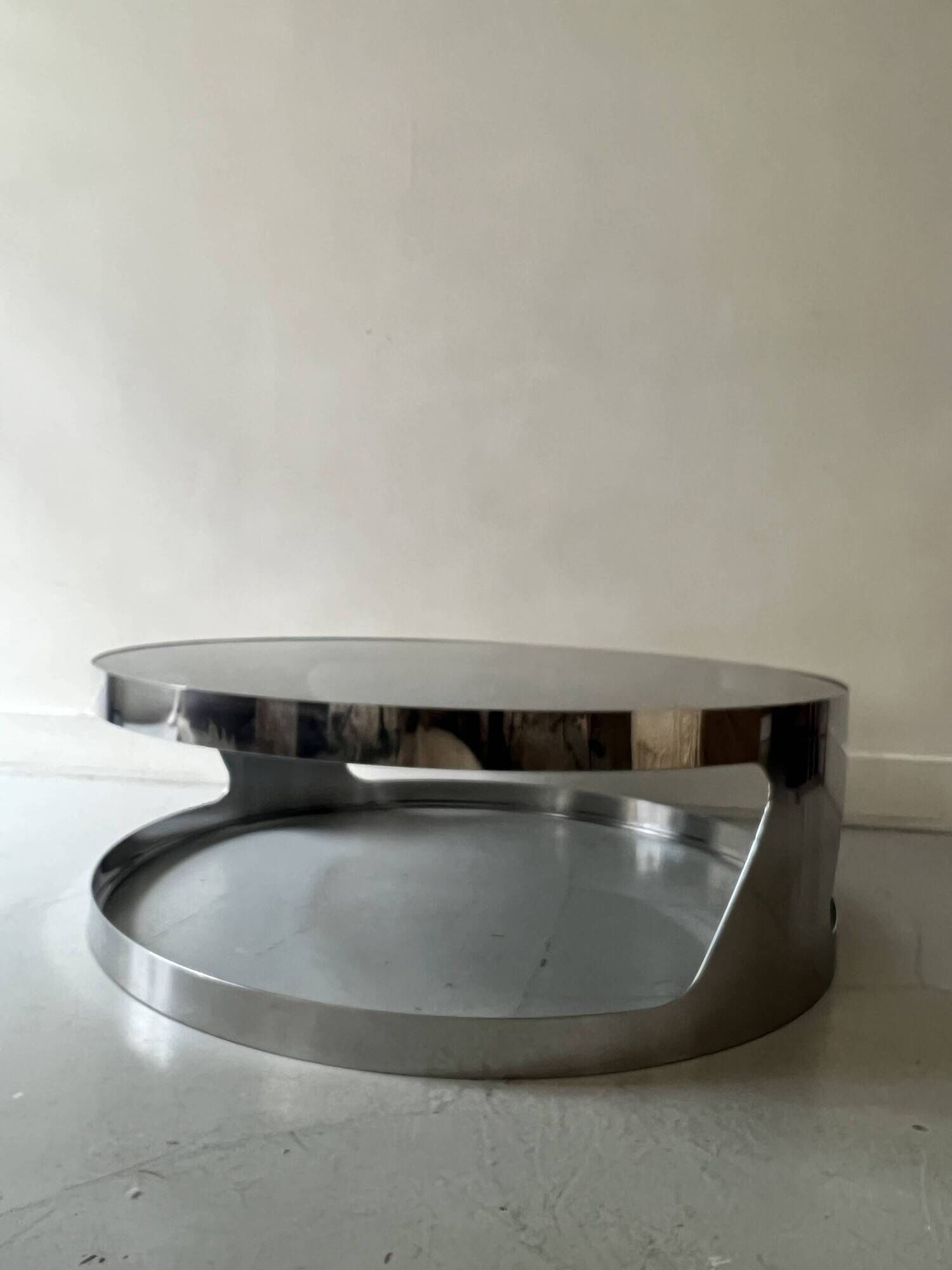 Italian round coffee table in chromed metal & smoked glass, 1970s design