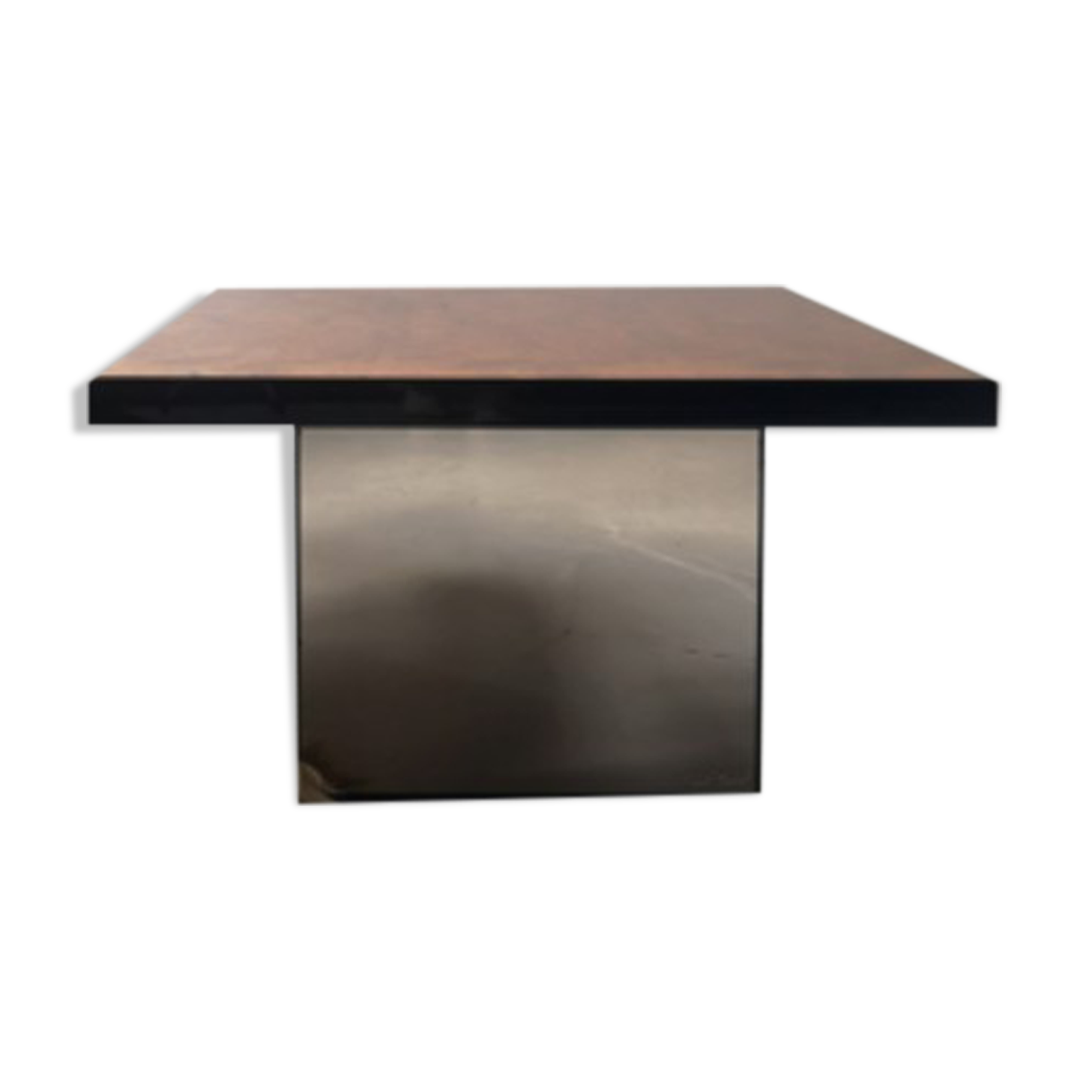 Coffee table in elm magnifying glass and smoked glass, signed Paul Michel, 1970