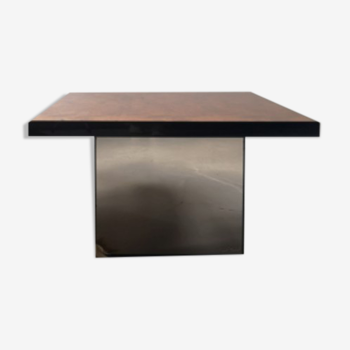 Table basse en loupe d'orme et verre fumé, signée Paul Michel, 1970