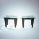 2 brutalist steel side tables with primitive  scene motifs etched glass