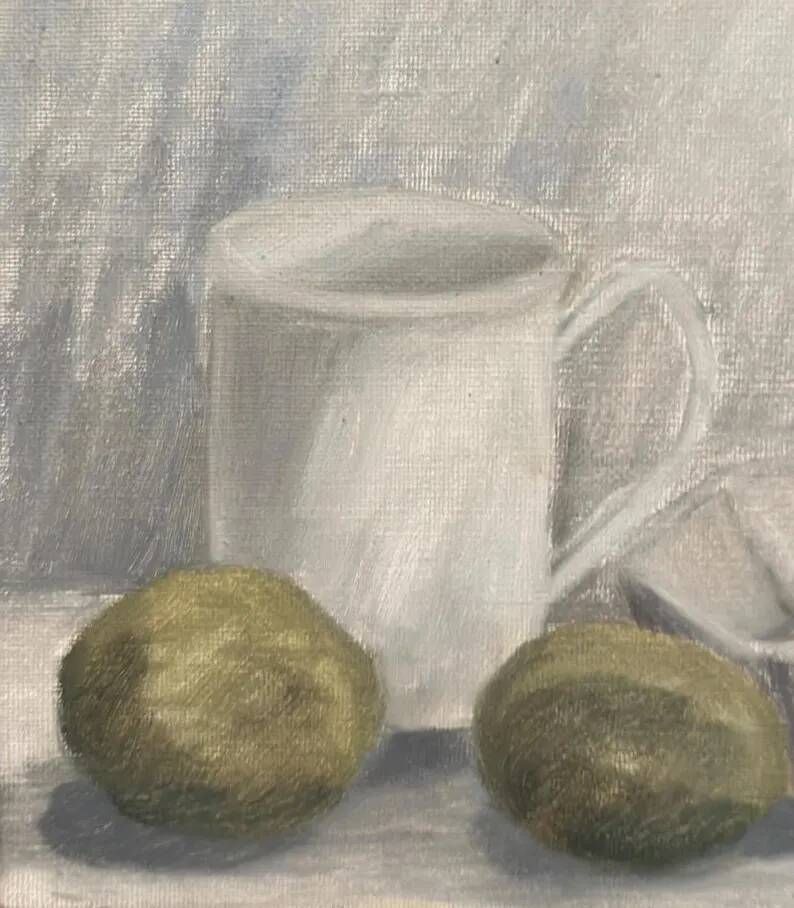 Original Swedish Oil on Canvas – “Jug, Bowl and Fruits” by Main Klarmo‑Kärred – Signed – 1961 – Vintage & Framed – 49×40.5 cm (19.3"×15.9")