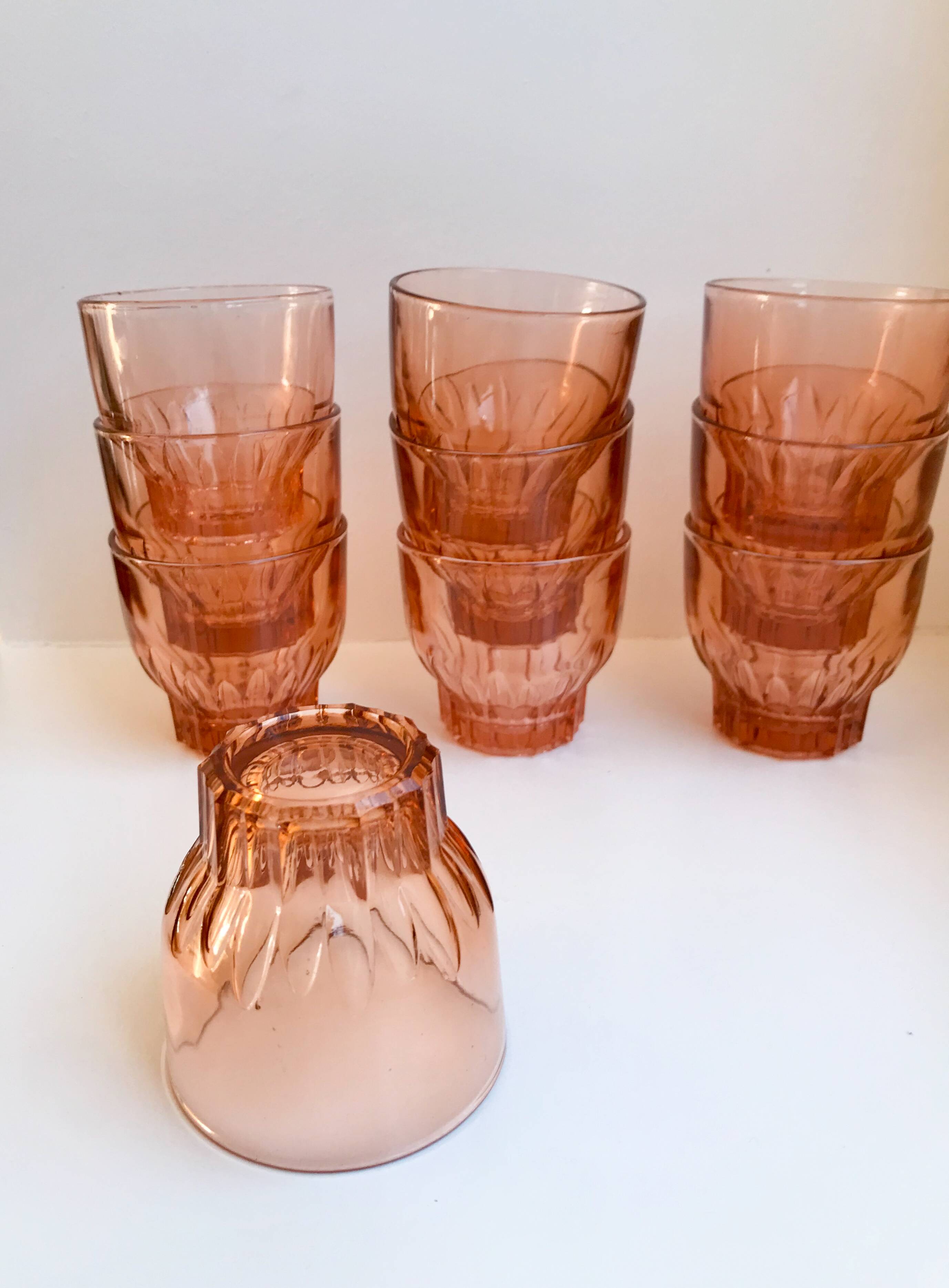Set of 10 60s pink glass water glasses